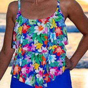 Maxine of Hollywood Womens 2-Tiered Ruffle Tankini Swimsuit Top size 8